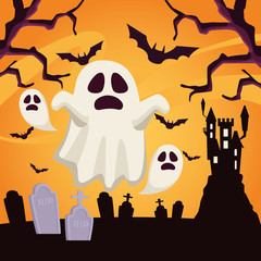 happy halloween card with ghosts floating in cemetery scene