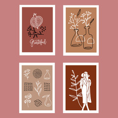 Set of Minimalist posters with abstract organic shapes composition - leaves branches, woman, dots in trendy contemporary collage style, can be used for wall art decoration, postcard, cover design.