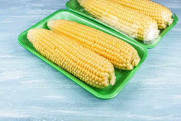 Fresh corn packaged in for sale in a supermarket