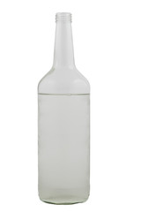 Liter transparent bottle with clear liquid on a white background.