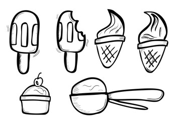 Simple Vector Hand Draw Sketch Doodle, Ice Cream Cone, Stick, cup and spoon isolated on white