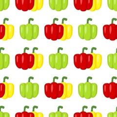 Seamless pattern with bright bell peppers on a white background. Print for bed linen and fabrics, wrapping paper and wallpaper.
 Stock vector illustration for decoration and design.