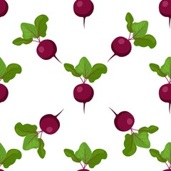 Seamless pattern with bright beets on a white background. Print for bed linen and fabrics, wrapping paper and wallpaper.
 Stock vector illustration for decoration and design.