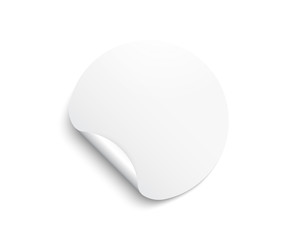 Circle adhesive symbol. Paper round sticker with peeling corner. White tag, rounded mockup sticker sign. White adhesive paper tag. Circle blank label. Sticky note template. Round mockup vector
