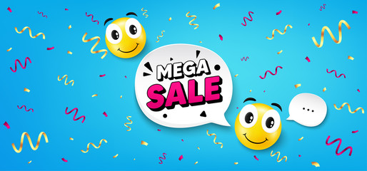 Fototapeta na wymiar Mega sale smile face blue background. Funny face emotion. Round cartoon smiley confetti banner with speech bubbles. Sale offer poster template. Character smile emotion. Funny vector background.