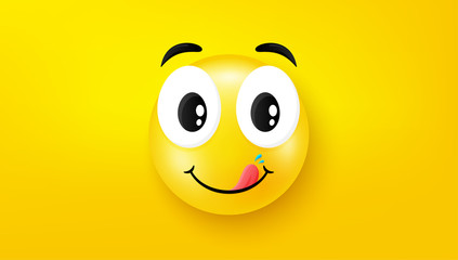 Smile face yellow background. Happiness fun thoughts face emotion. Round cartoon smiley banner. Funny celebration poster template. Character smile emotion. Funny vector yellow background.