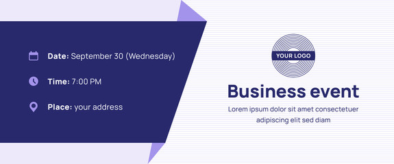 Futuristic banner with logo template and contact information on blue background. Vector design layout for the business webinar, conference, e-mail, flyer, meetup, party, event, web header