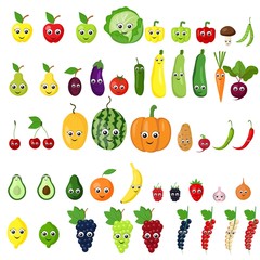 
Set of fruits, vegetables, berries in a flat style with cartoon eyes  isolated on a white background. Healthy lifestyle, vegetarianism.
 Stock vector illustration for decoration and design.