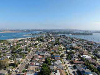 Fototapeta na wymiar Aerial view of Mission Bay and beaches in San Diego, California. USA. Community built on a sandbar with villas and recreational Mission Bay Park. Californian beach-lifestyle.