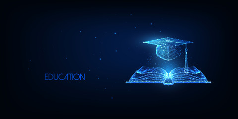 Futuristic education concept with glowing low polygonal open book and graduation cap - obrazy, fototapety, plakaty