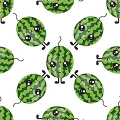 
Seamless pattern with bright watermelons with eyes and legs on a white background. Print for bed linen and fabrics, wrapping paper and wallpaper.
Stock vector illustration for decoration and design.