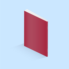 Vector illustration of a book or notepad. Paper notebook - saddle stitch. There are iron staples on the notepad. Red notepad on blue isolated background