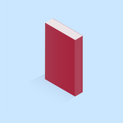 Vector illustration of a stitched paper book with a soft cover. Pages are grouped. Red book cover on light blue isolated background.