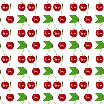 Seamless pattern with bright red cherries and leaves with cute eyes on a white background. Fruit print print for bed linen and fabrics, wrapping paper and wallpaper.
Stock vector illustration