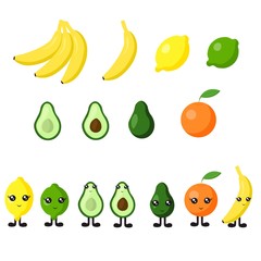 Set of citrus fruits with cute cartoon eyes in flat style isolated on white background. Healthy lifestyle, vegetarianism.
 Stock vector illustration for decoration and design.