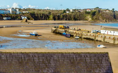 A view over the harbour in Tenby at low tide
