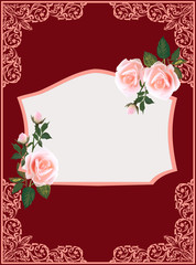 frame decorated by light rose flowers on dark red