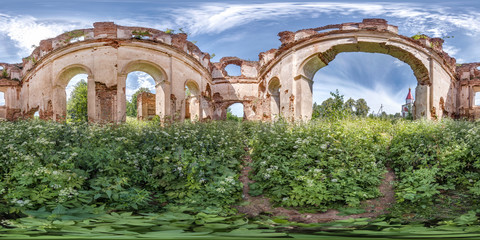 seamless spherical hdri panorama 360 degrees angle view near brick wall of ruined church in...