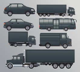 bundle of black transport vehicles set icons