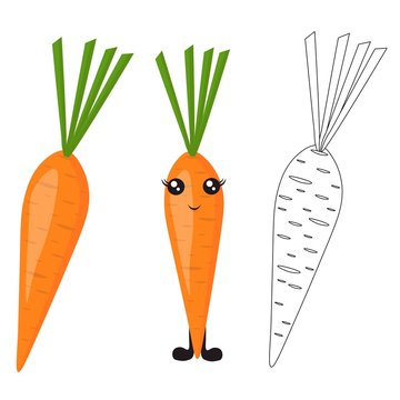 Bright carrot with cute cartoon eyes and legs in a flat style isolated on white background. Vegetarianism with vegetables and proper nutrition.
 Stock vector illustration for decoration and design.