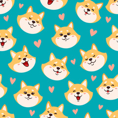 Vector seamless pattern with shiba inu heads on blue backround