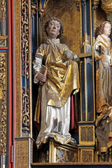 Santo Stefano; particolare dell'altare scolpito di Hans Klocker nella chiesa di Santo Stefano a Pinzano (Bolzano)