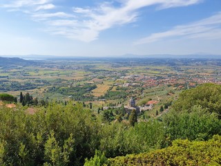 Magnificent Tuscan landscape from Cortona, Arezzo, Italy.