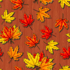Fototapeta na wymiar Maple leaves seamless pattern on brown wood background. Autumn foliage of deciduous tree lying on ligneous texture. Fall season orange red yellow leafage randomly placed with shadows. For tablecloth