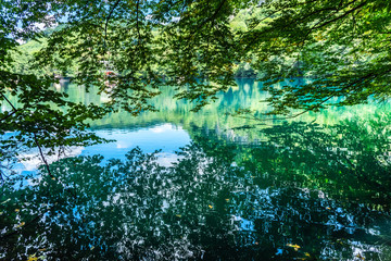 Reflection of green trees and sky in an alpine blue lake in the forest. Background and texture