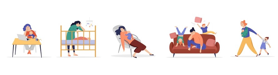 Tired mothers trying to work, to relax, mom of two kids, children play, jump and run around her