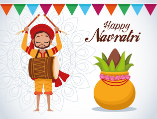 happy navratri celebration card lettering with man playing drum and plant