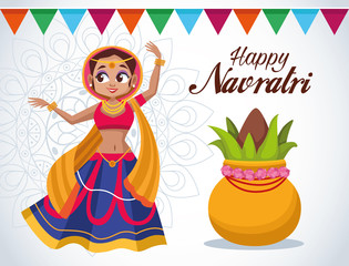 happy navratri celebration card lettering with beautifull woman dancing