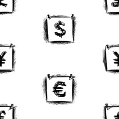 Seamless background of sketches currency symbols on paper blanks