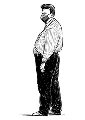 Sketch of casual senior man in mask standing and looking