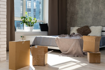 View of packed cardboard boxes in living room of a new home