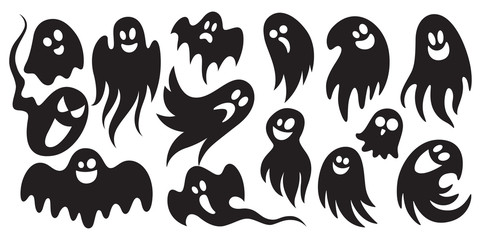 Halloween ghost silhouettes set. Black and white illustration. Isolated on white background. Element for design, decoration and other