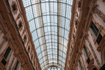 Glass dome of Galleria Vittorio Emanuele in Milan, Italy. Vaulted glass ceiling