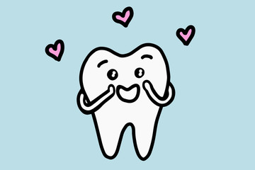Cute cartoon tooth in love. Hand drawn line art doodle vector illustration isolated on white background.. Concept of care for the oral cavity, dentistry.