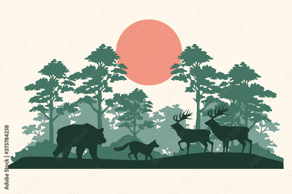 Sticker group of animals silhouettes in the jungle