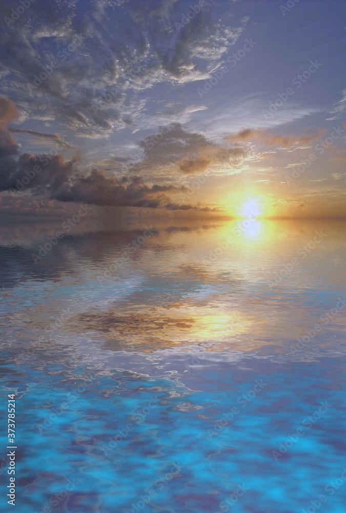 Poster unreal sunset over water surface. 3d rendering