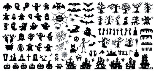 Set of silhouettes of Halloween on a white background. Vector illustration 