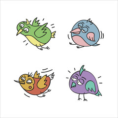 A set of colored birds with different temperaments. Vector illustration in cartoon style.