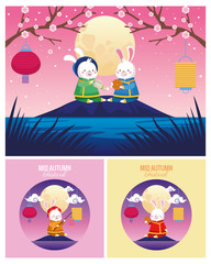 Obraz na płótnie Canvas mid autumn cards with rabbits and moons scenes