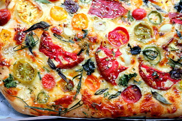 Vegetarian pie with tomatoes close-up, selective focus.