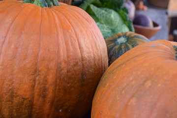 Pumpkins on the counter of the farmers market.