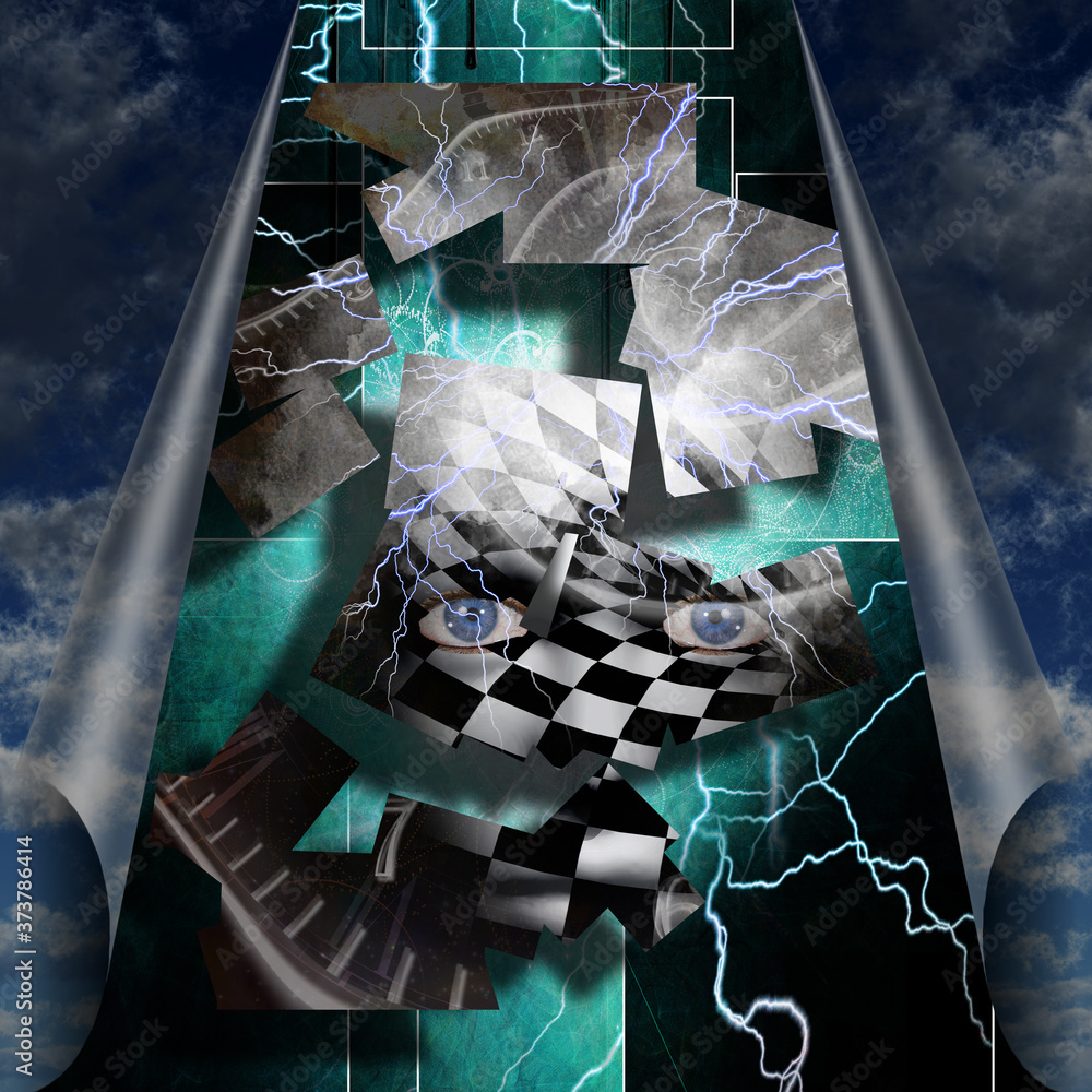 Poster face behind curtains of sky. surreal art. 3d rendering