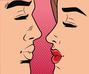 young couple kissing characters pop art style