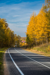 Highway, road and autumn trees with blue sky. Beautiful autumn natural landscape