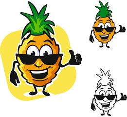 Happy pineapple in sunglasses on a white background. Bright tropical logo.