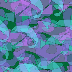 Seamless vector pattern. Abstract shapes randomly superimposed on each other. Thin black outline and transparent green and lilac fill.